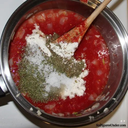 We use our home-canned tomato puree to make tomato sauce for spaghetti, for pizza, for lasagna, and more. We never buy spaghetti sauce from the store.